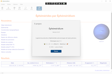 Logiciel Éphéméridium - Capture d'écran. Cliquez pour agrandir.