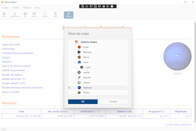 Logiciel Éphéméridium - Capture d'écran. Cliquez pour agrandir.