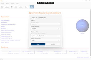 Logiciel Éphéméridium - Capture d'écran. Cliquez pour agrandir.