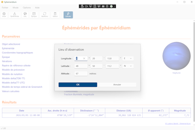 Logiciel Éphéméridium - Capture d'écran. Cliquez pour agrandir.