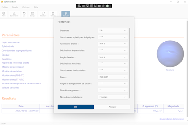 Logiciel Éphéméridium - Capture d'écran. Cliquez pour agrandir.