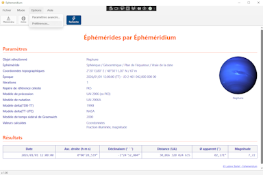 Logiciel Éphéméridium - Capture d'écran. Cliquez pour agrandir.